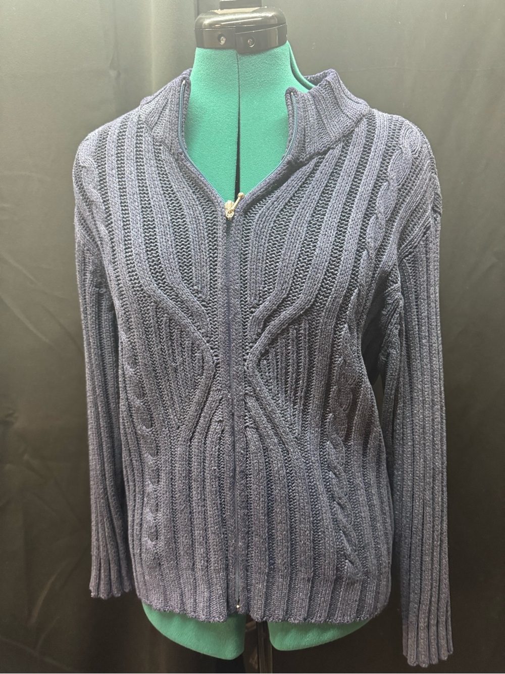 Women's Navy Cable Zip-Front Cardigan Sweater